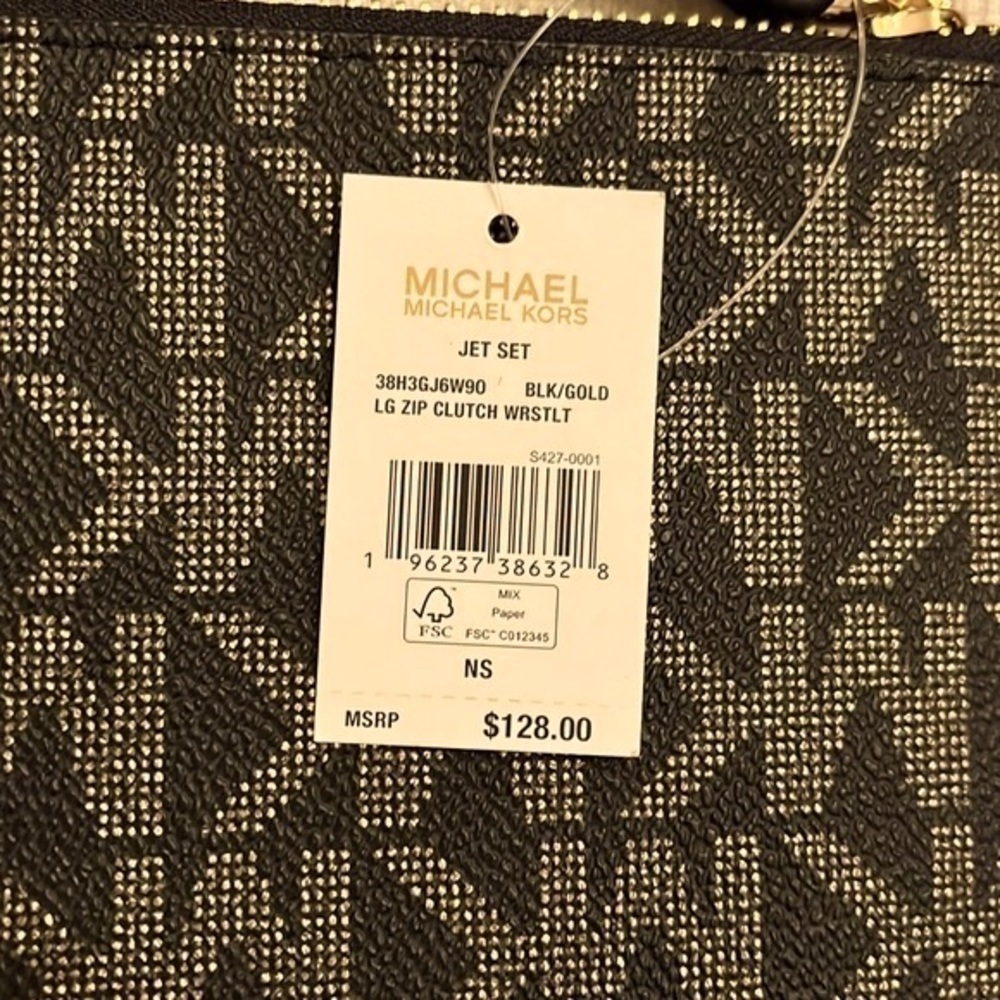 Brand New Michael Kors Large Zippered Clutch Wristlet Black & Gold Jet Set - Picture 9 of 15